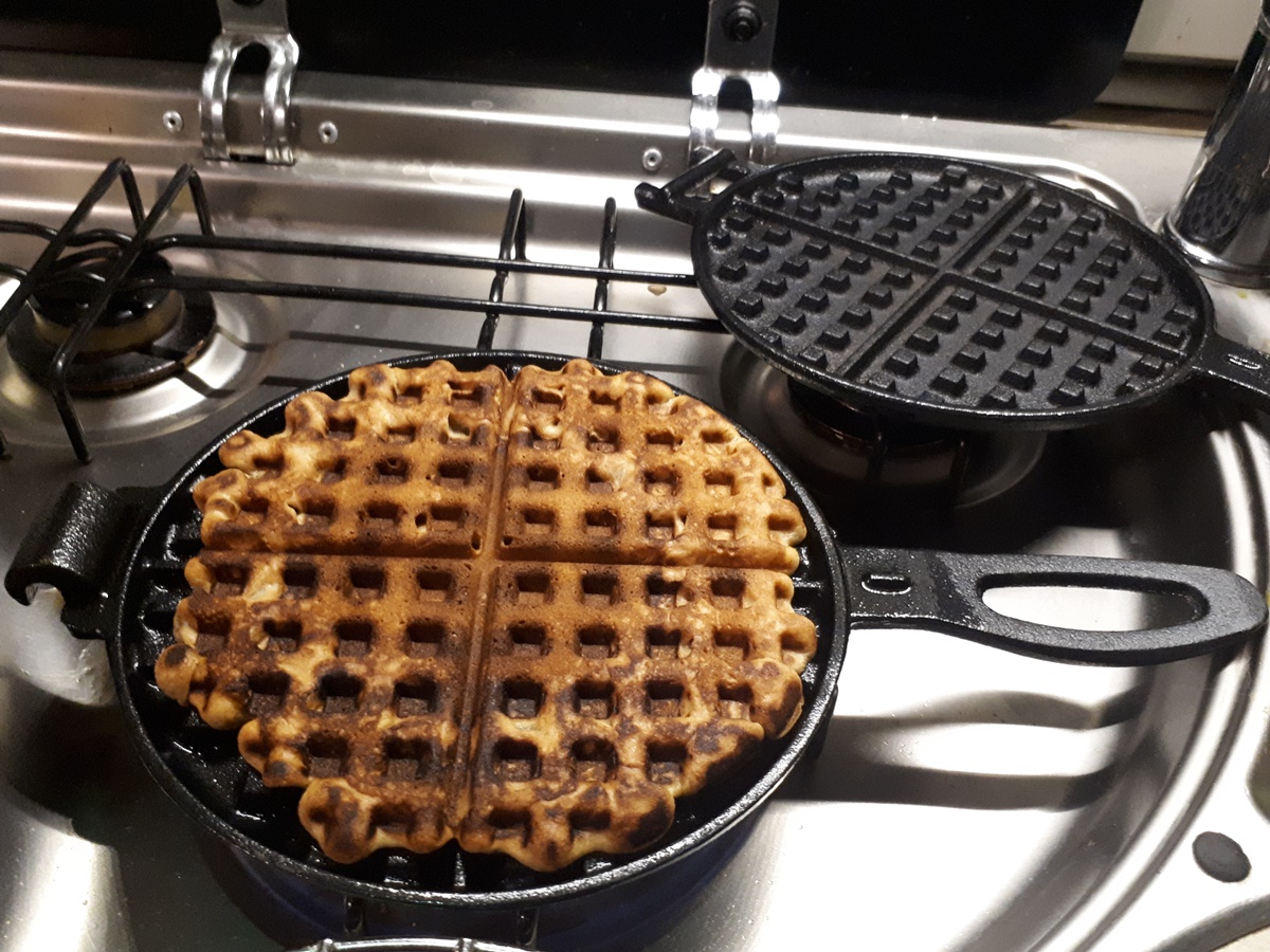 Backing waffles on the gas stove top in the&nbsp;caravan