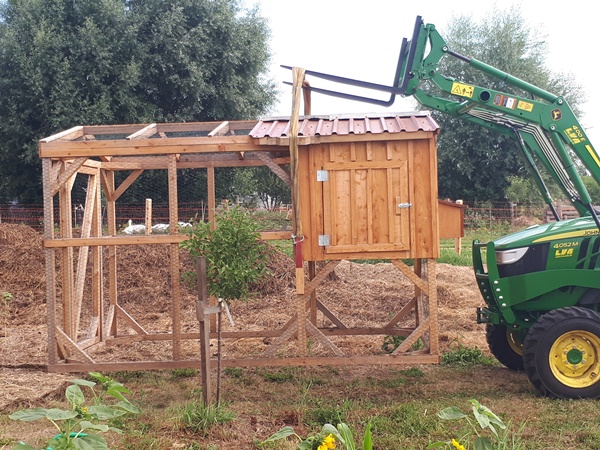 Chicken tractor hanging on a front end loader of a tractor for moving